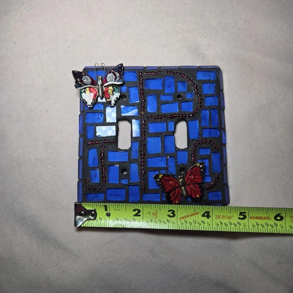 Mosaic Double Light Switch Cover Blue Glass‎ Tile Butterfly Beaded Decor